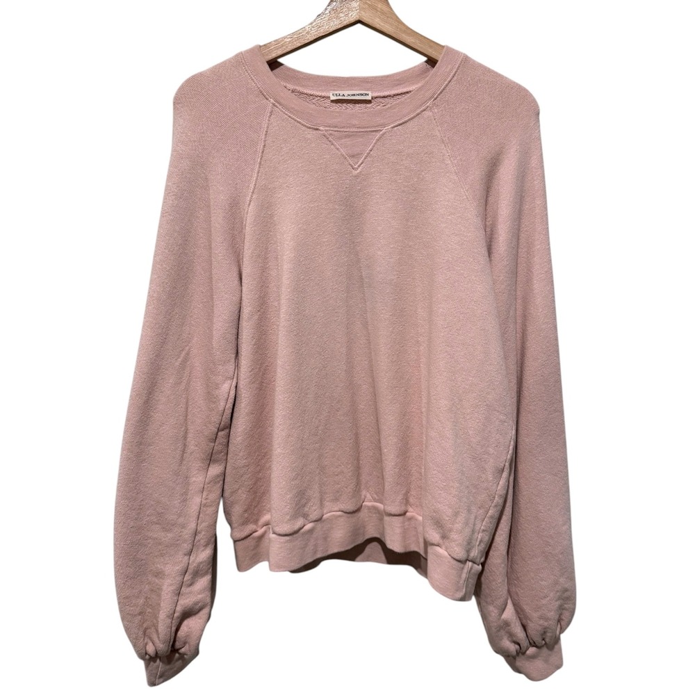 Ulla Johnson Sweatshirt Sz L Blush Pink Cotton Puff Sleeve Crew Neck Pullover